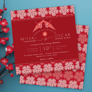 Invitación Grullas de papel rojo de origen y Boda asiático de