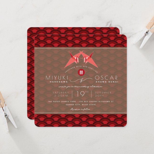 Invitación Grullas de papel rojo Patrón de vieira rojo Boda a (Anverso/Reverso In Situ)