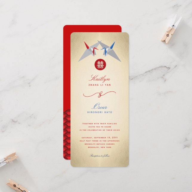 Invitación Grullas de papel rojo y azul originami Boda chino (Anverso/Reverso In Situ)
