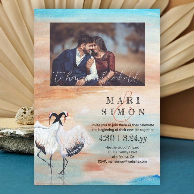 Invitación Grullas japonesas, beige, Boda turquesa (beige terracotta rust turquoise Asian motif wedding japanese cranes invitation, romantic)
