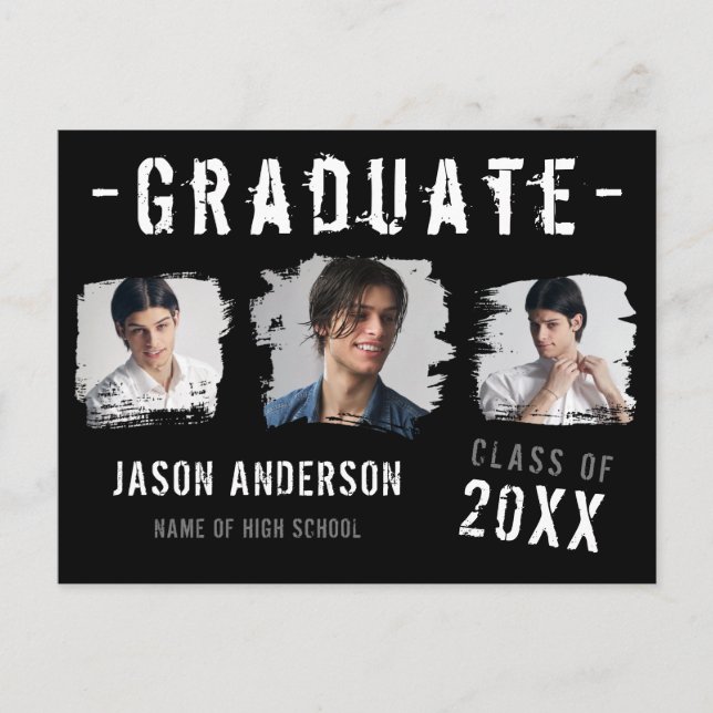 Invitación Grunge Black 3 Photo Graduate de Guay (Anverso)