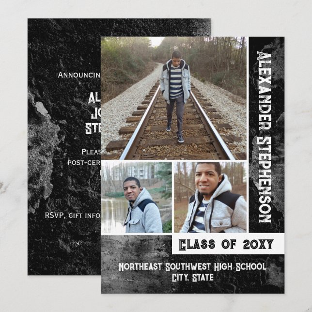 Invitación Grunge Concreto 3 tipos de foto graduados (Anverso / Reverso)
