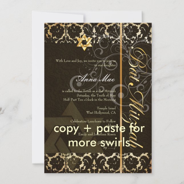 Invitación Grunge Damask Bat Mitzvah/negro/oro (Anverso)
