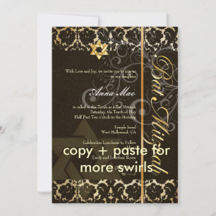 Invitación Grunge Damask Bat Mitzvah/negro/oro