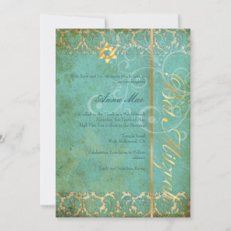 Invitación Grunge Damask Bat Mitzvah/verde azulado/oro