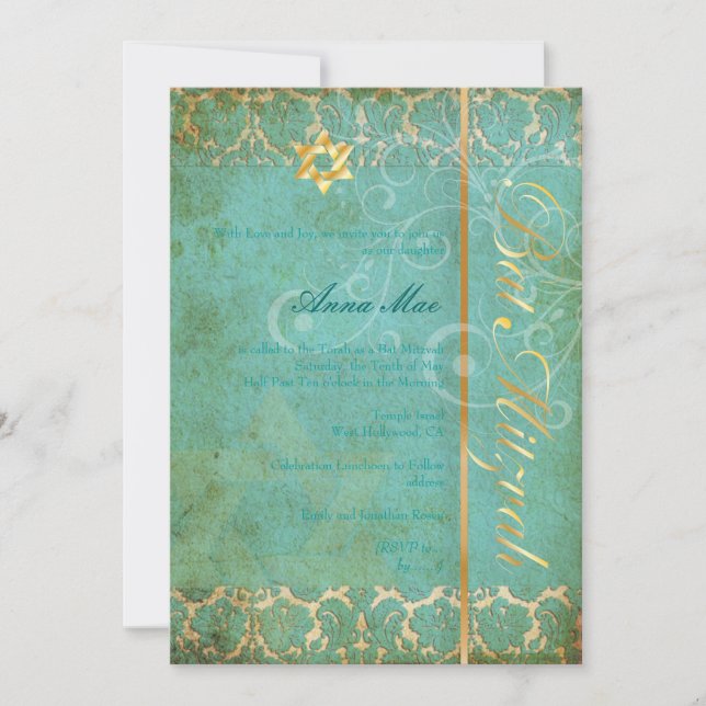 Invitación Grunge Damask Bat Mitzvah/verde azulado/oro (Anverso)