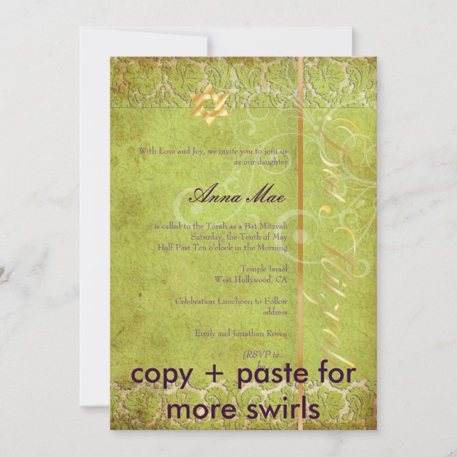 Invitación Grunge Damask Bat Mitzvah/verde/oro (Anverso)