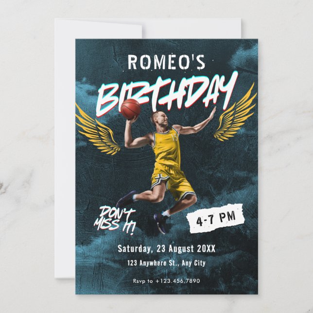 Invitación Grunge graffiti, cumpleaños de baloncesto (Anverso)