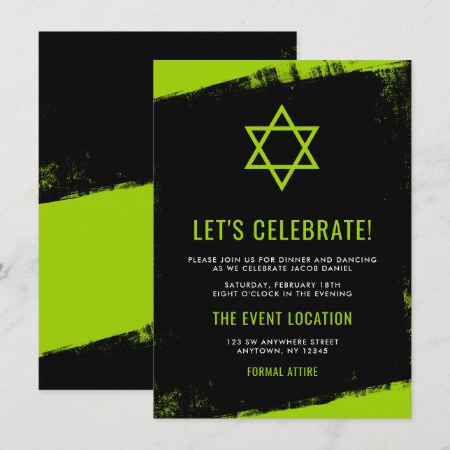 Invitación Grunge Lime Green Black Bar Mitzvah Recepción (Anverso / Reverso)