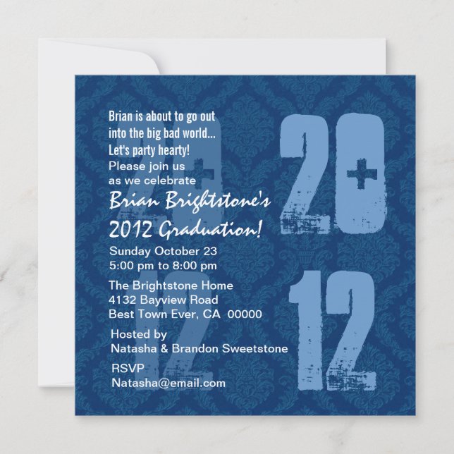 Invitación Grunge moderno azul y blanco 2012 (Anverso)