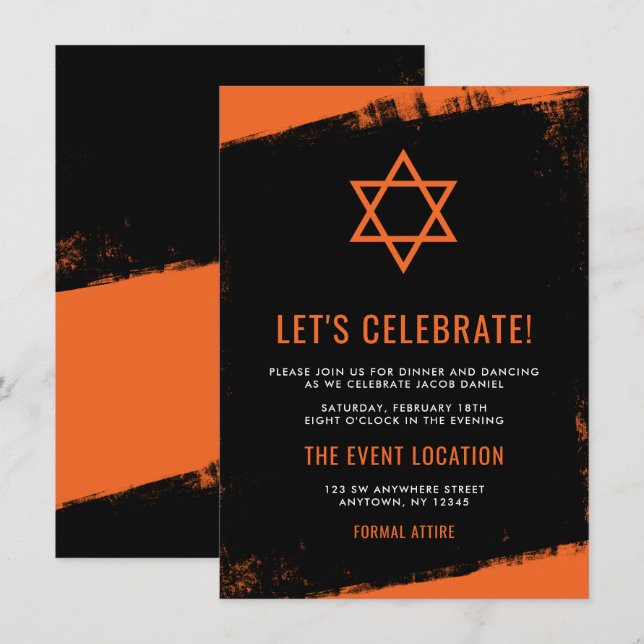 Invitación Grunge Naranja Black Bar Mitzvah Recepción (Anverso / Reverso)