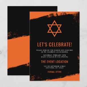 Invitación Grunge Naranja Black Bar Mitzvah Recepción