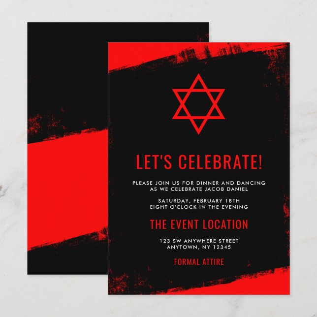 Invitación Grunge Red Black Bar Mitzvah Recepción (Anverso / Reverso)