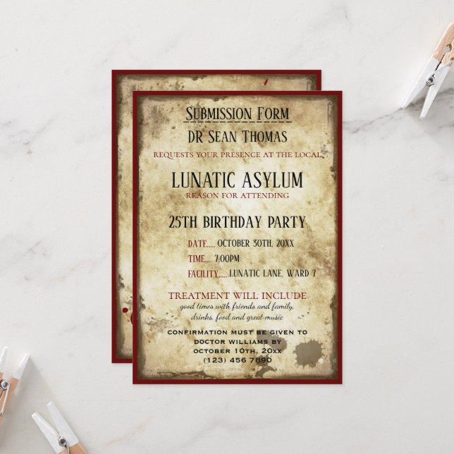 Invitación Grungy Asylum Lunatic Cumpleaños (Anverso/Reverso In Situ)