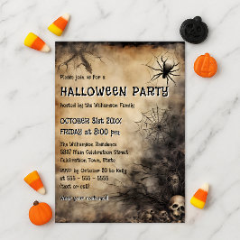 Invitación Grungy Spiderweb Skulls y Bare Tree Halloween