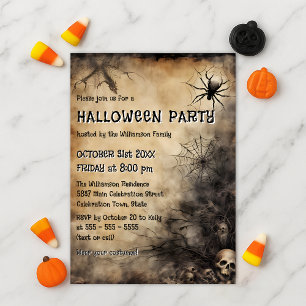 Invitación Grungy Spiderweb Skulls y Bare Tree Halloween