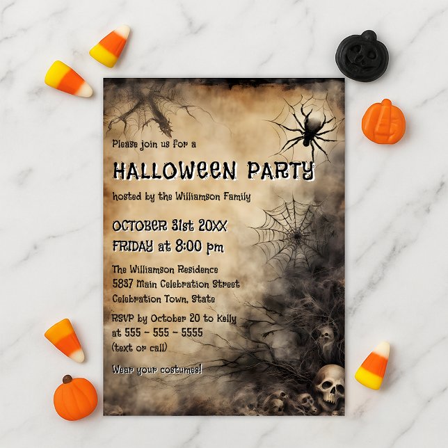 Invitación Grungy Spiderweb Skulls y Bare Tree Halloween (Subido por el creador)