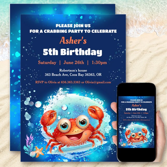 Invitación Grupo de cangrejos fiesta de cumpleaños niño edad  (Crab Pool Birthday Party Boy Custom Age Invitation)