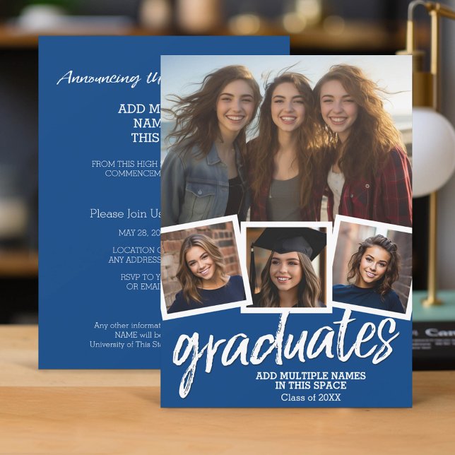 Invitación Grupo de graduación azul de moda Fiesta 4 Foto (Group Graduation Invitation with 4 Photos and Party Information)