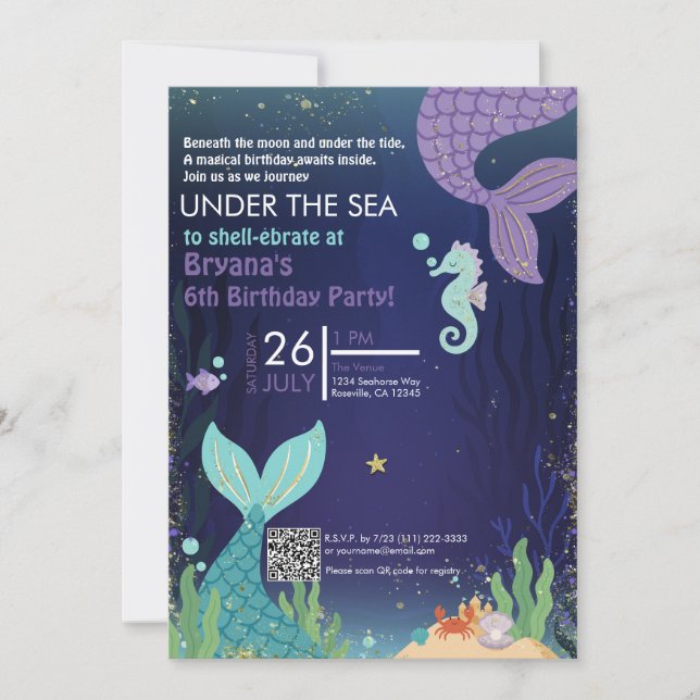 Invitación Gruta Brillante Bajo el Mar Cumpleaños Sirenas (Anverso)