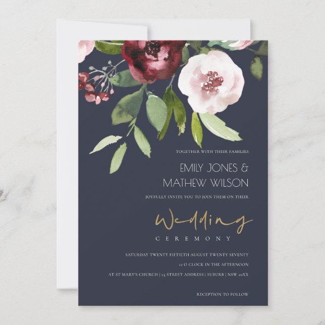 INVITACIÓN GRY RUBOR PINK BURGUNDY PEONY BODA FLORAL (Anverso)