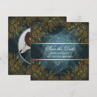 Invitación Guarda la fecha, boda elegante azul y negro