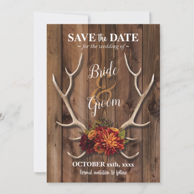 Invitación Guarda la fecha con boda romántica rústica de asta (Anverso)