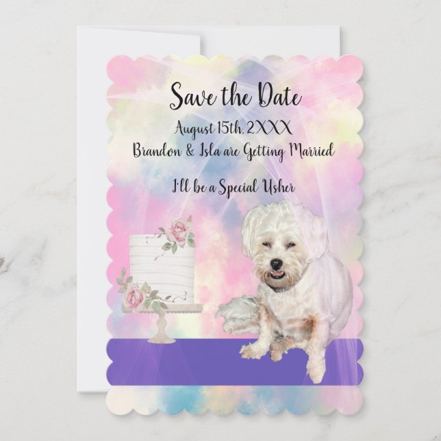 Invitación Guarda la Fecha con Perrito Blanco Adorable (Anverso)