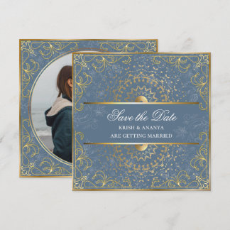 Invitación Guarda la fecha, Deslumbrante boda azul y dorado