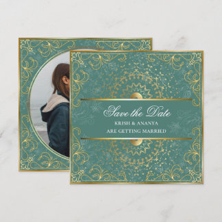 Invitación Guarda la fecha, deslumbrante boda verde y dorada