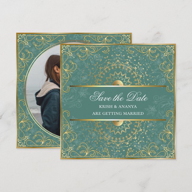 Invitación Guarda la fecha, deslumbrante boda verde y dorada (Anverso / Reverso)