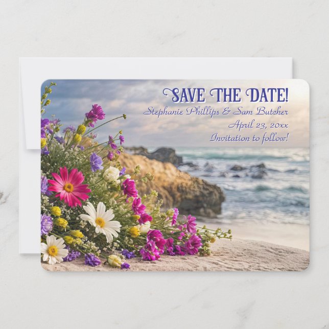 Invitación Guarda la Fecha Romántica Flores Hermosas en la Pl (Anverso)