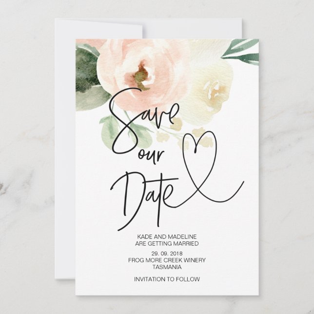 Invitación Guarda Nuestra Fecha Rosa Floral Boda (Anverso)