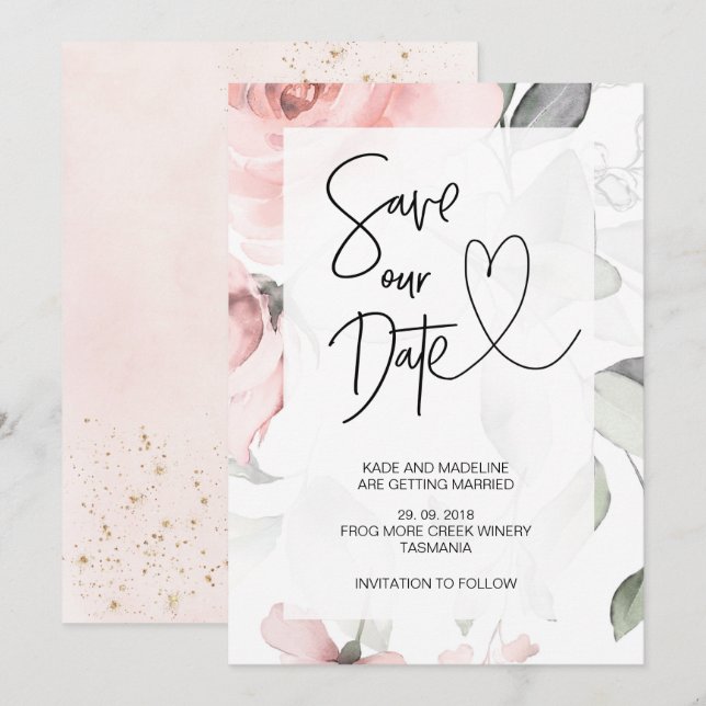 Invitación Guarda Nuestro Día Cute Rosa Floral Elegante Boda (Anverso / Reverso)
