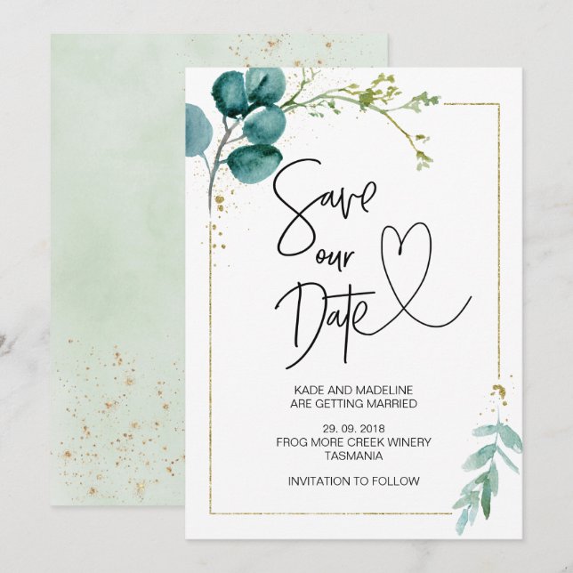 Invitación Guarda Nuestro Verde Elegante de Eucalipto Boda (Anverso / Reverso)