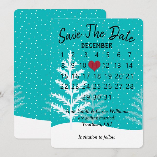 Invitación Guardar Calendario de Boda Fecha Invierno Nieve (Anverso / Reverso)