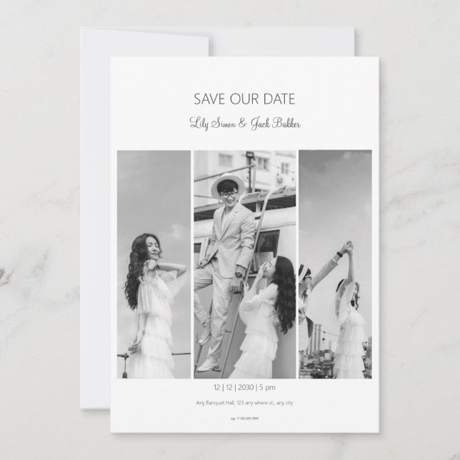 Invitación Guardar el boda blanco negro de la foto de fecha (Anverso)