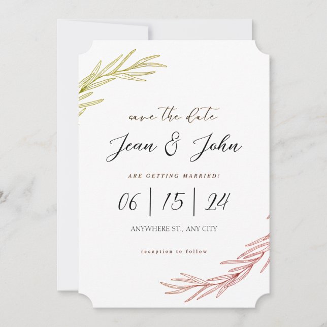 Invitación Guardar el Boda de hoja de Bonito de fecha (Anverso)