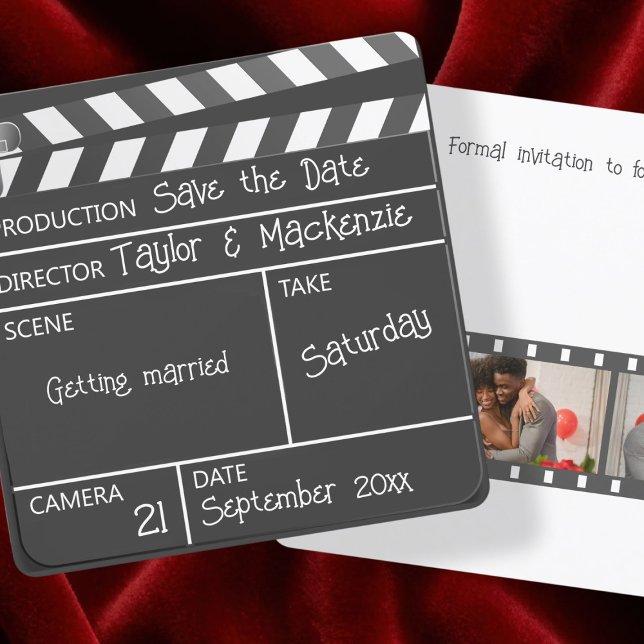 Invitación Guardar el Boda del tablero de cuadros de película (Save the Date Movie Clapperboard Wedding Invitation by Ricaso Announce your wedding ideal for actors)