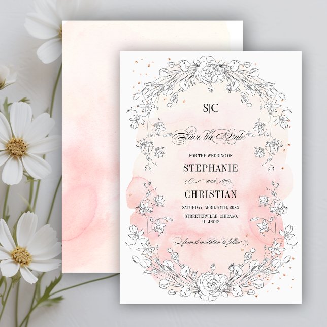 Invitación Guardar el Boda rosa de Rubor floral Date.Sketched (Subido por el creador)