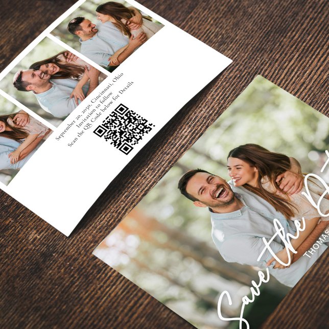 Invitación Guardar el guión de caligrafía fotográfica de Boda (Wedding save-the-date photo card with a four-photo collage template. )