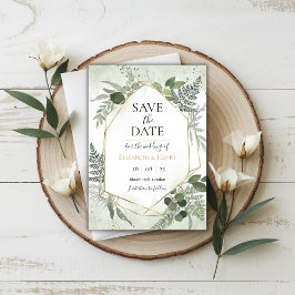 Invitación Guardar fecha boho verde dorado geométrico acuarel