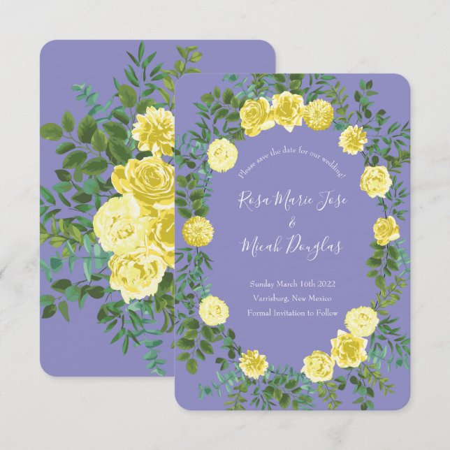 Invitación Guardar Fecha de Boda Amarillo Claro y Azul Periwi (Anverso / Reverso)