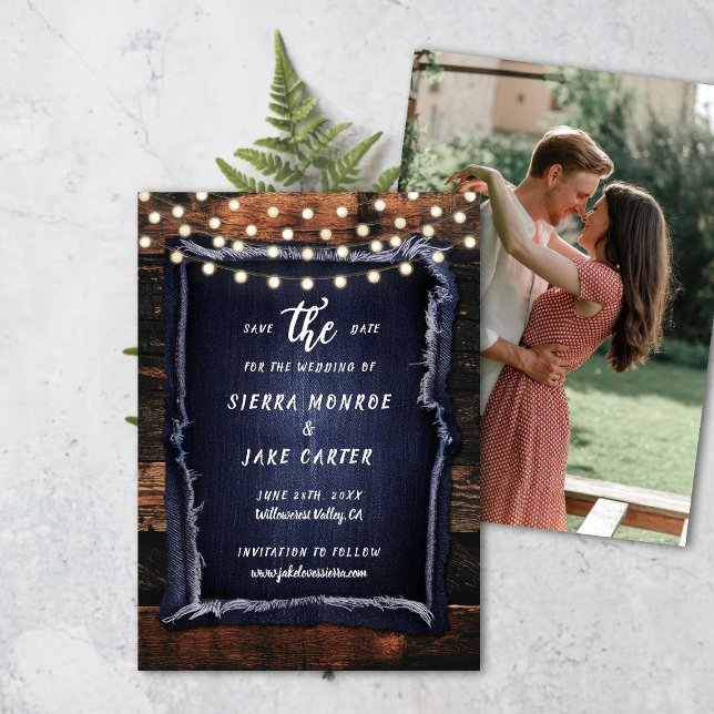 Invitación Guardar Fecha de Boda con Foto Escrita a Mano en M (rustic wedding save the date barn wood denim string lights ranch country western hand written)