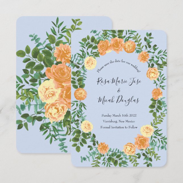 Invitación Guardar fecha de boda de peonía rosa azul claro me (Anverso / Reverso)