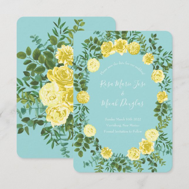 Invitación Guardar Fecha de Boda Rosa Acuática Amarillo Claro (Anverso / Reverso)