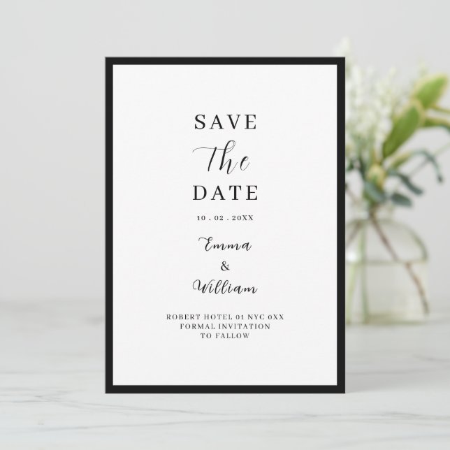 Invitación Guardar fecha editorial moderno en negro y blanco (Anverso de pie)