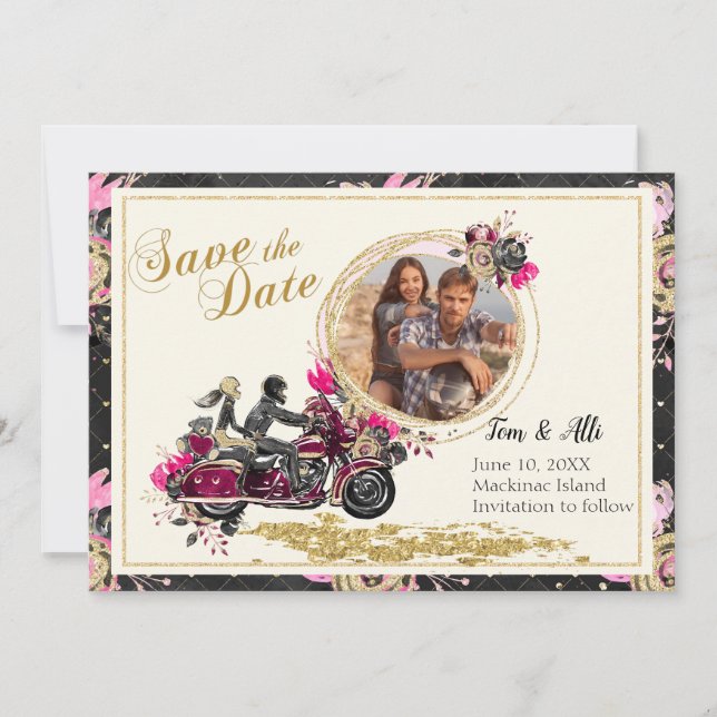 Invitación Guardar fecha en motocicleta (Anverso)