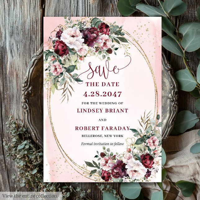 Invitación Guardar Fecha Jardín Boho Burgundy Rosa Dorado (Garden Boho Burgundy Blush Gold Roses Save Date)