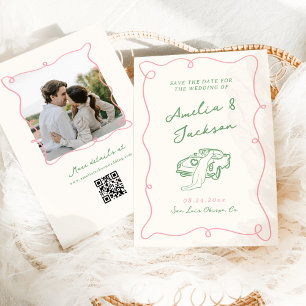 Invitación Guardar Fecha Rosa y Verde Caprichoso Dibujado a M